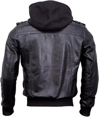 Mens Genuine Black Hooded Bomber Leather Jacket | Real Lambskin Waxed Brown Leather Jackets for Men with Removable Hood