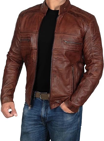 Decrum Mens Leather Jacket - Real Lambskin Cafe Racer Motorcyle Style Leather Jackets For Men
