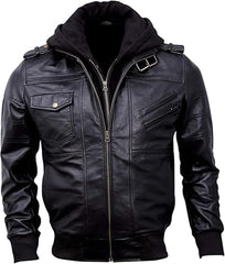 Mens Genuine Black Hooded Bomber Leather Jacket | Real Lambskin Waxed Brown Leather Jackets for Men with Removable Hood