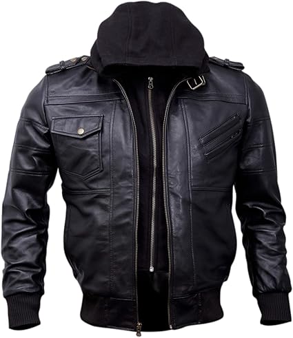 Mens Genuine Black Hooded Bomber Leather Jacket | Real Lambskin Waxed Brown Leather Jackets for Men with Removable Hood