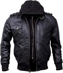 Mens Genuine Black Hooded Bomber Leather Jacket | Real Lambskin Waxed Brown Leather Jackets for Men with Removable Hood