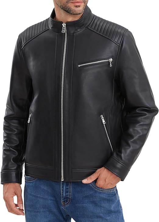 SILVER FASHIONS Leather Jacket Men,Lambskin Motorcycle Jacket, Black, Quilted Shoulders, Full Zip Front with Multiple Pockets