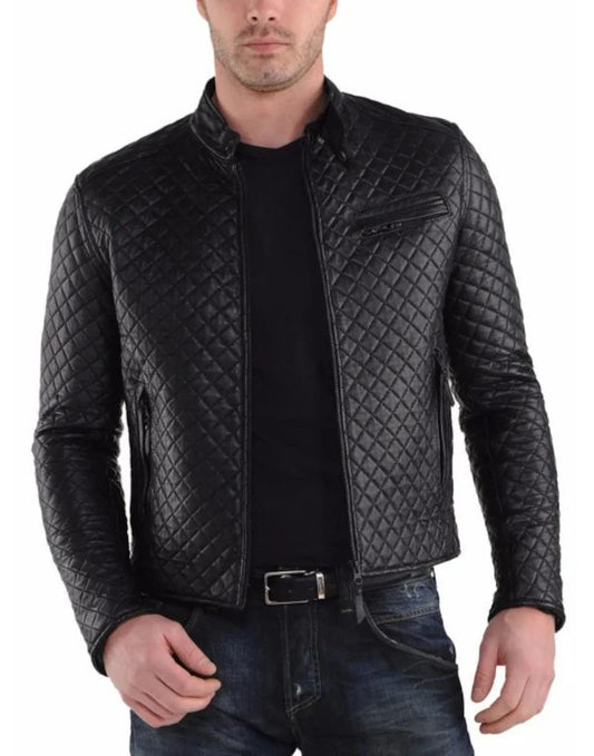 Men's new Fully Hand Made quilted Genuine leather jacket