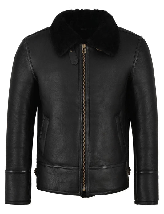 Men's B3 Black Fur Shearling Sheepskin Leather Jacket Bomber Pilot RAF LH-05