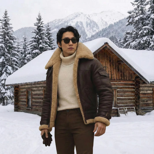 Men’s Brown Aviator Shearling Leather Jacket – Real Sheepskin Bomber Coat