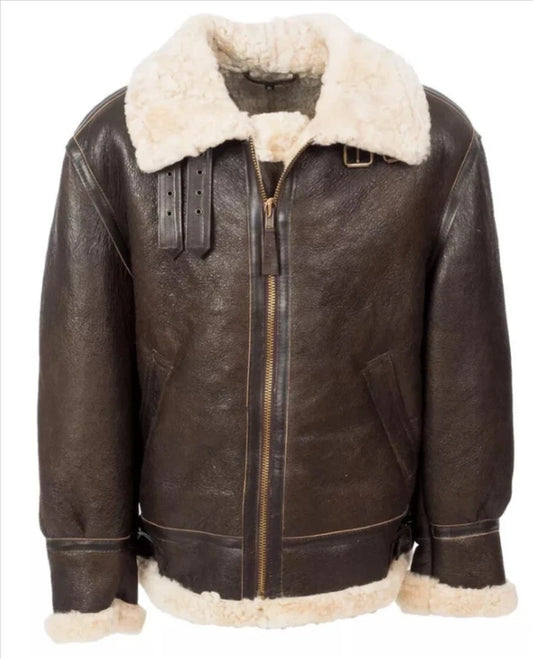 B3 Aviator Real Shearling Brown Sheepskin Leather Flight Bomber Jacket
