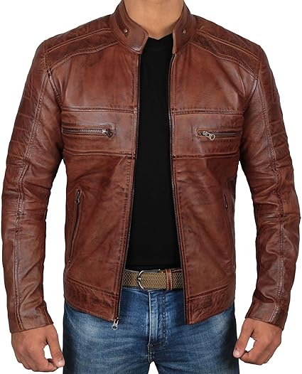 Decrum Mens Leather Jacket - Real Lambskin Cafe Racer Motorcyle Style Leather Jackets For Men