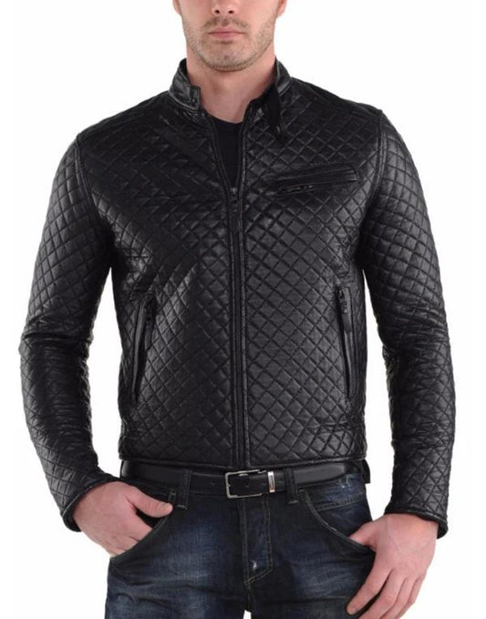 Men's new Fully Hand Made quilted Genuine leather jacket