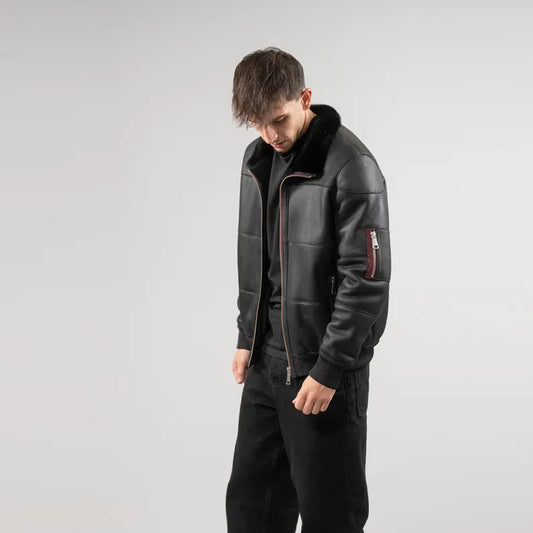 Men's Black Sheepskin Leather Jacket with Fur Collar
