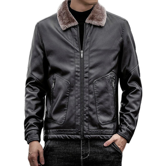 "Men's Black Sheepskin Faux Fur Leather Jacket Windproof with Turn-Down Collar