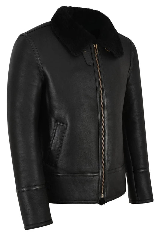 Men's B3 Black Fur Shearling Sheepskin Leather Jacket Bomber Pilot RAF LH-05